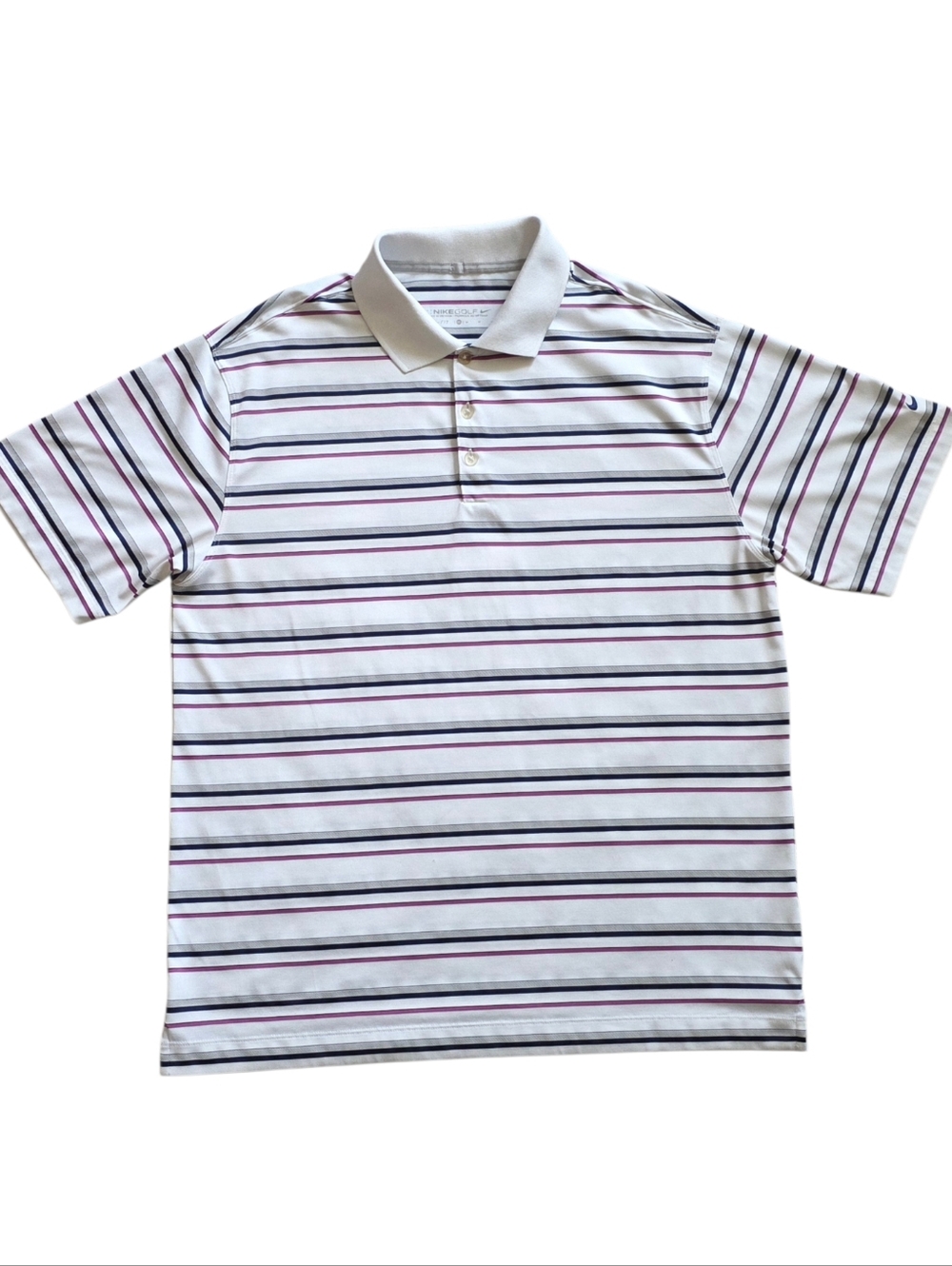 Nike Golf Medium Dri-Fit Navy Magenta White Striped  Performance Polo Shirt
